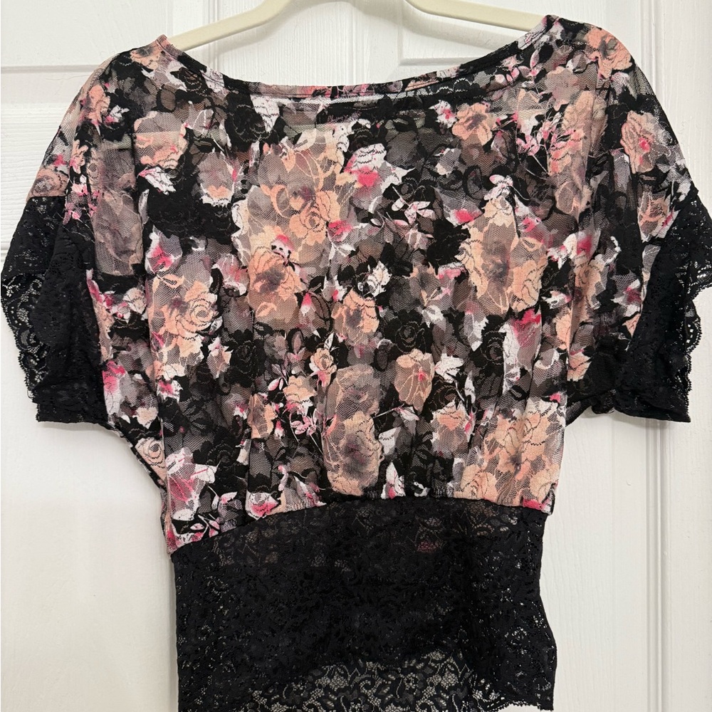 Almost Famous Black and Pink Floral Lace Blouse